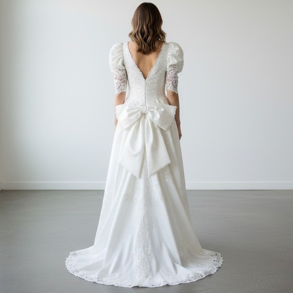 Vintage Lili International 80s Wedding Dress Satin Lace Puff Sleeve Back Bow - Picture 2 of 16